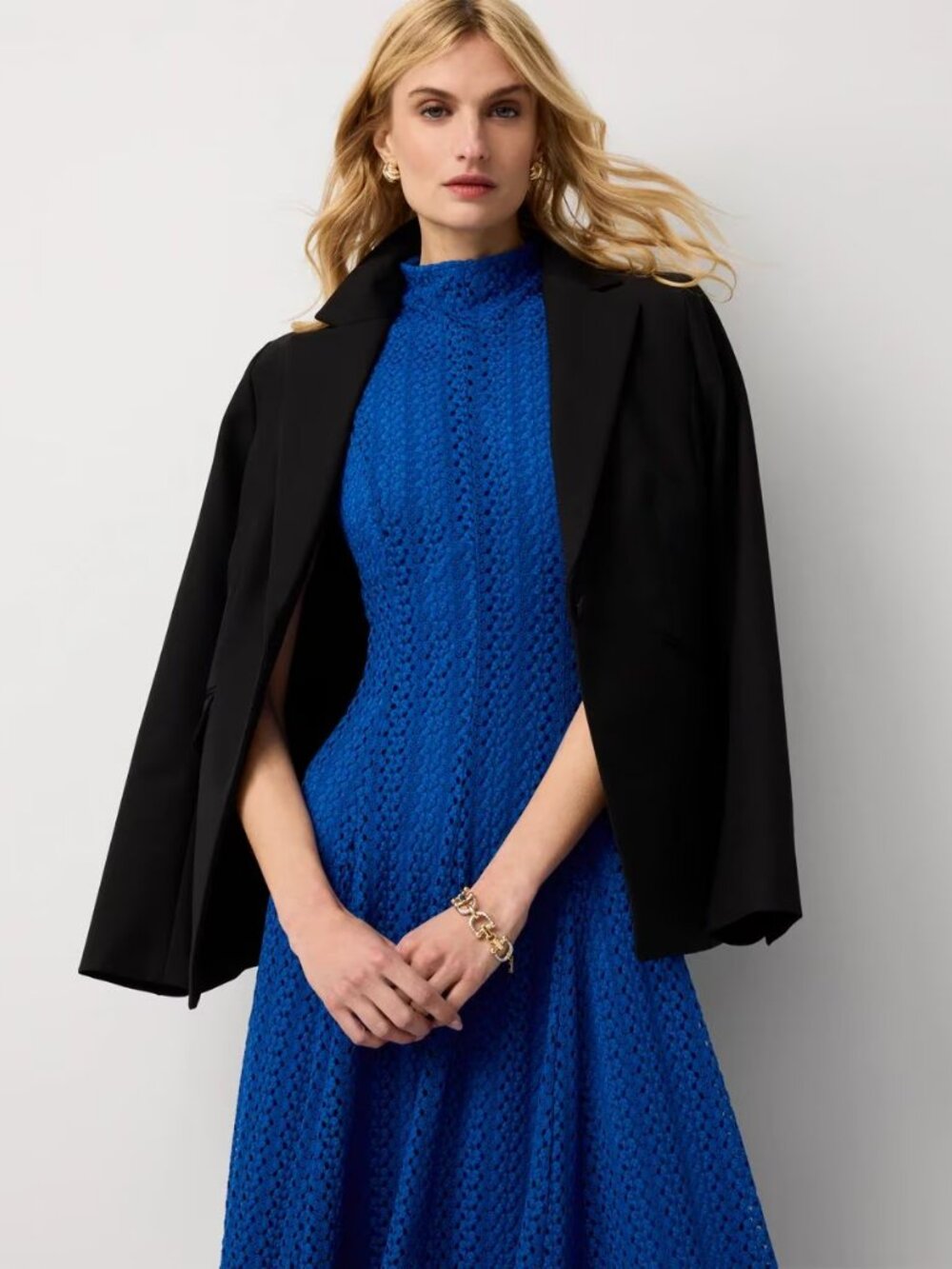 WHBM $240 STRETCHY WRINKLE FREE Mock Neck Knit Lace Midi Dress Nautical Blue - Picture 6 of 10